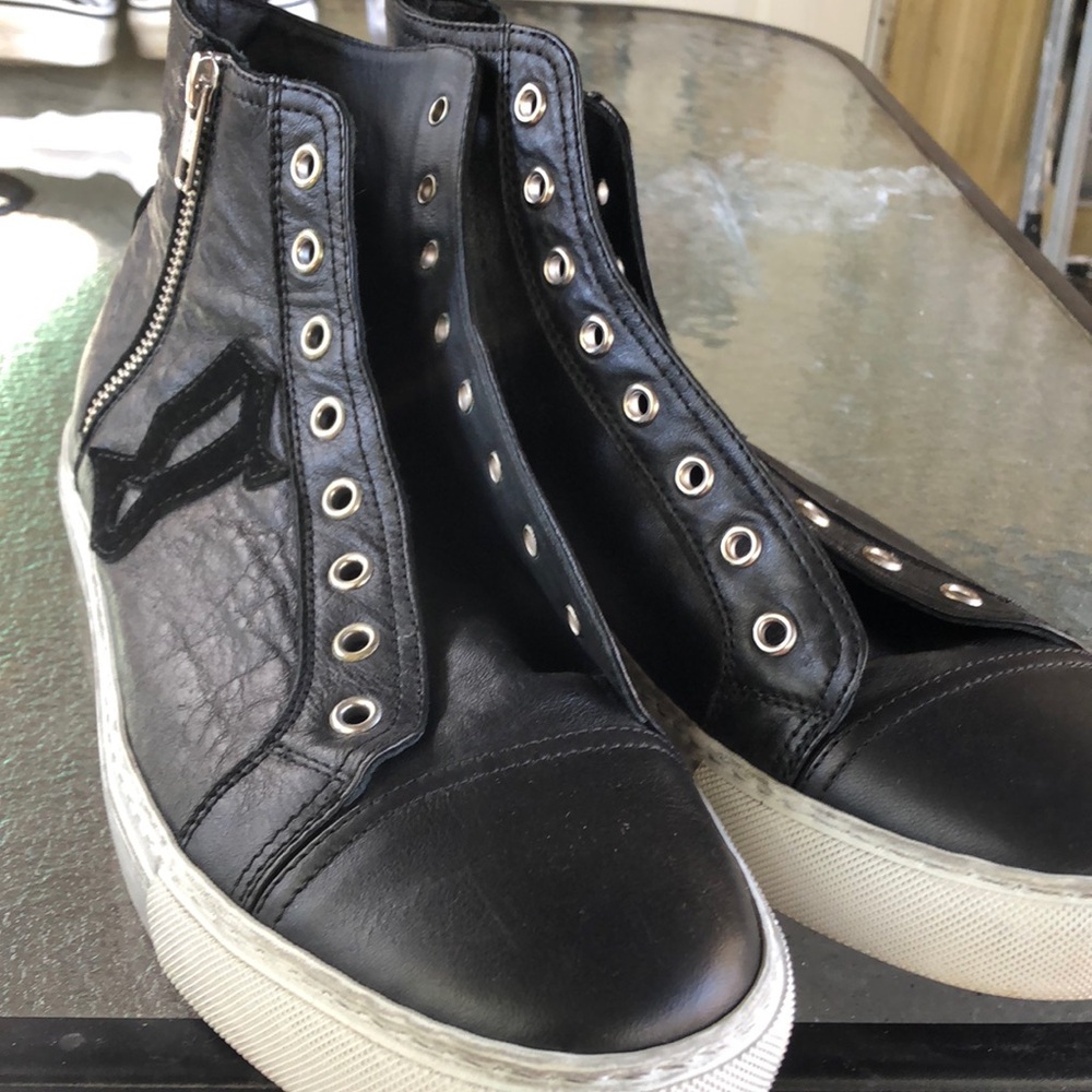 GALLIANO Chrome Black Leather Ankle Top Sneakers